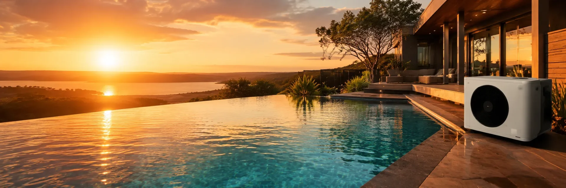 Pool heat pump beside a swimming pool at dusk